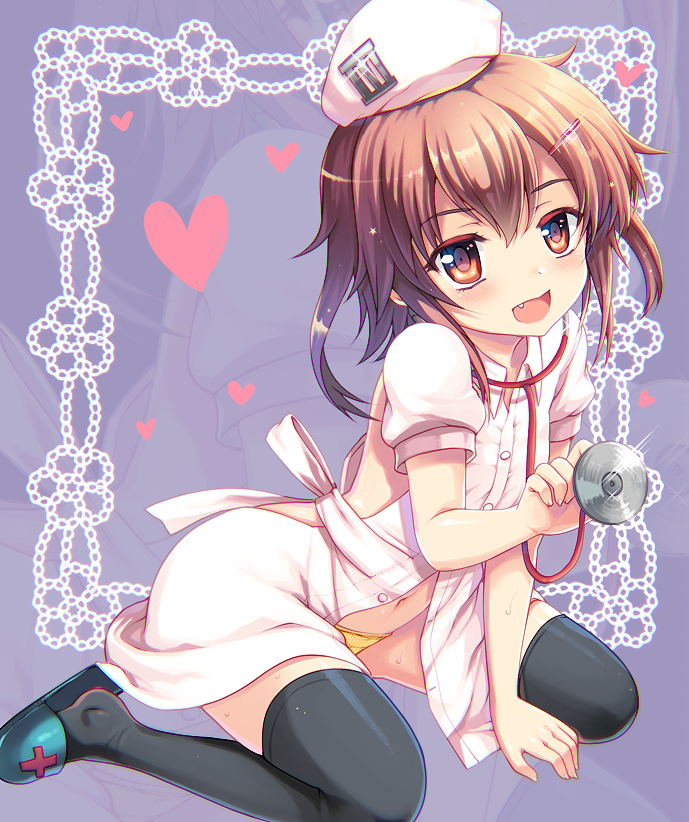 :d alternate_costume black_legwear blush brown_eyes brown_hair fang hair_ornament hairclip hanao_(kuma-tan_flash!) hat heart ikazuchi_(kantai_collection) kantai_collection looking_at_viewer navel nurse_cap open_mouth panties pantyshot pantyshot_(sitting) short_hair sitting slippers smile solo stethoscope thighhighs underwear wariza yellow_panties