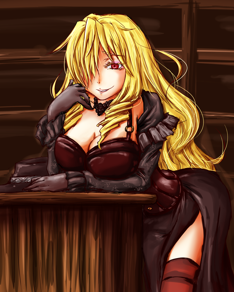 aurelia_(dorei_to_no_seikatsu) blonde_hair breasts cleavage dorei_to_no_seikatsu_~teaching_feeling~ eyeshadow hair_over_one_eye hat hat_removed headwear_removed large_breasts lips long_hair makeup ouka_(shibasu) red_eyes smile solo