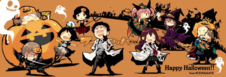 aki_eda animal animal_on_head bad_id bad_pixiv_id baseball_cap black_hair broom brown_hair character_request chibi closed_eyes crown demon_wings english everyone facial_hair ghost glasses hair_ornament halloween hands_on_hips hat jack-o'-lantern katana labcoat laughing long_hair long_image multiple_boys multiple_girls necktie on_head one_eye_closed open_mouth pink_hair pitchfork smile source_request standing steins;gate sword twintails upa_(steins;gate) weapon wide_image wings witch_hat