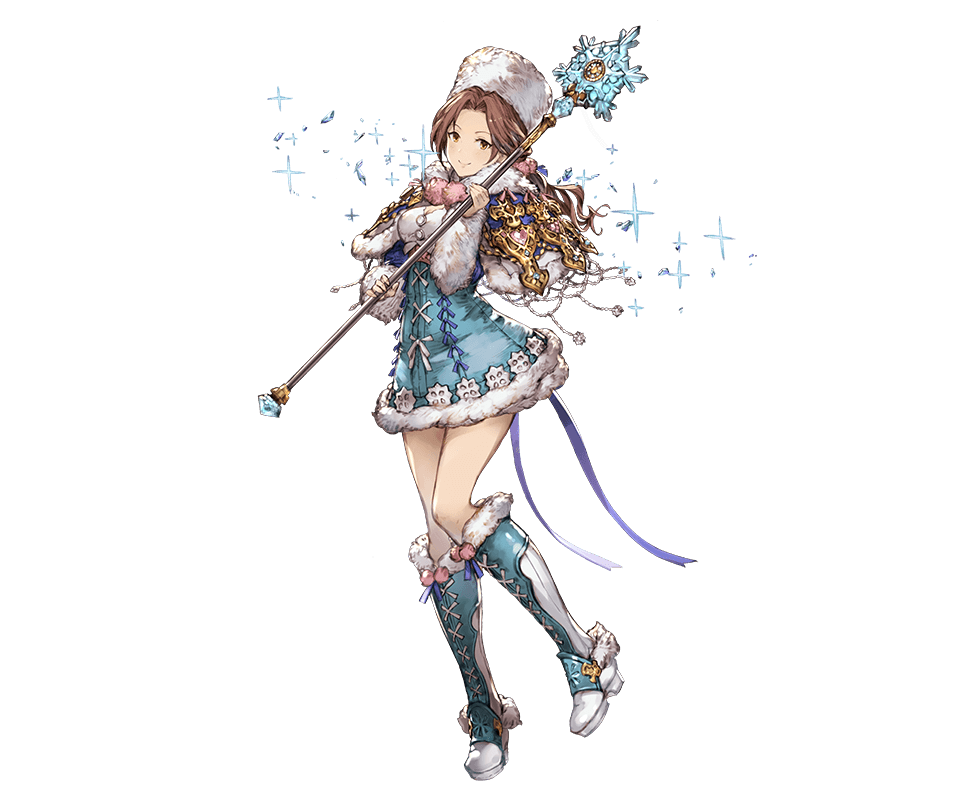 alternate_costume blue_footwear boots brown_eyes brown_hair capelet cross-laced_footwear full_body fur_boots fur_hat fur_trim granblue_fantasy hat idolmaster idolmaster_cinderella_girls kawashima_mizuki knee_boots lace-up_boots long_hair minaba_hideo official_art smile solo staff transparent_background winter_clothes