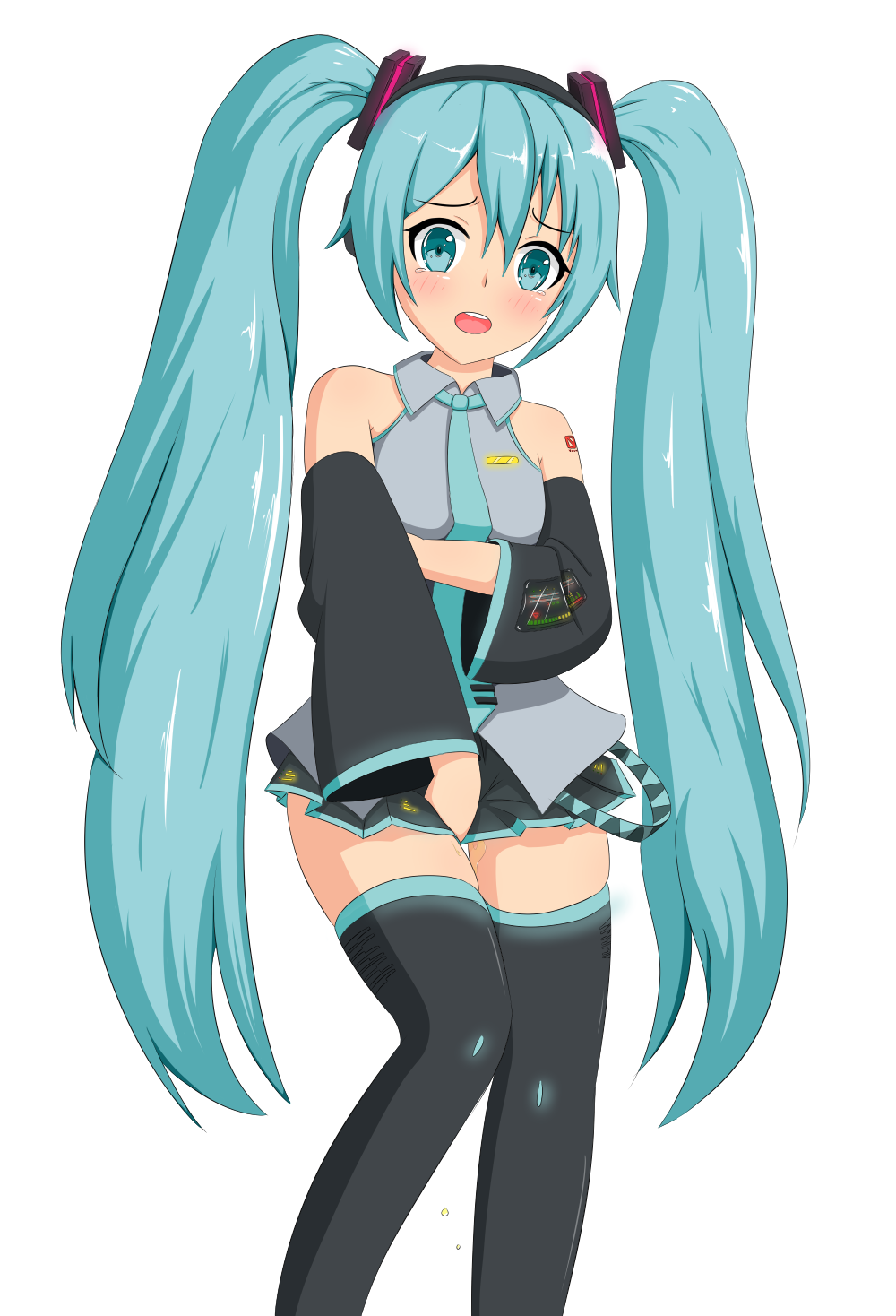 aqua_eyes aqua_hair black_legwear black_skirt blue_eyes blue_hair blue_neckwear blue_shirt blush breast_hold breasts crotch_grab crying crying_with_eyes_open hatsune_miku have_to_pee highres leaking long_hair makishi necktie open_mouth pee peeing peeing_self shirt skirt solo tears twintails vocaloid
