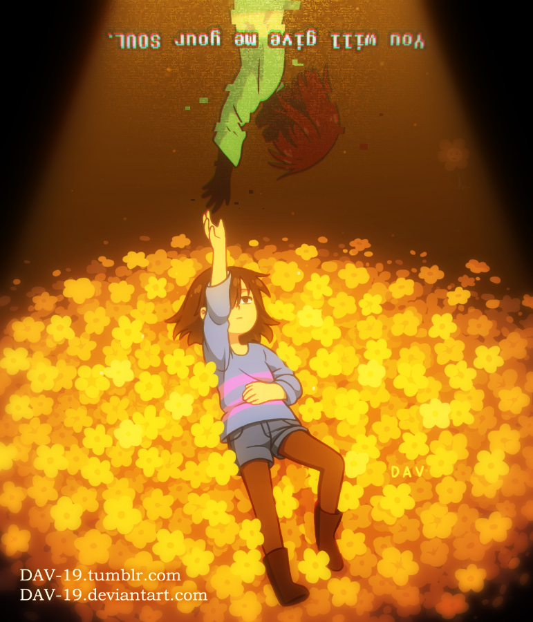 ankle_boots artist_name black_eyes boots brown_footwear brown_hair brown_legwear chara_(undertale) chromatic_aberration dav-19 empty_eyes english expressionless field flower flower_bed flower_field flowey_(undertale) frisk_(undertale) glitch hair_between_eyes hand_on_own_stomach lying on_back pantyhose reaching_out shirt shorts silhouette spoilers striped striped_shirt undertale upside-down watermark web_address