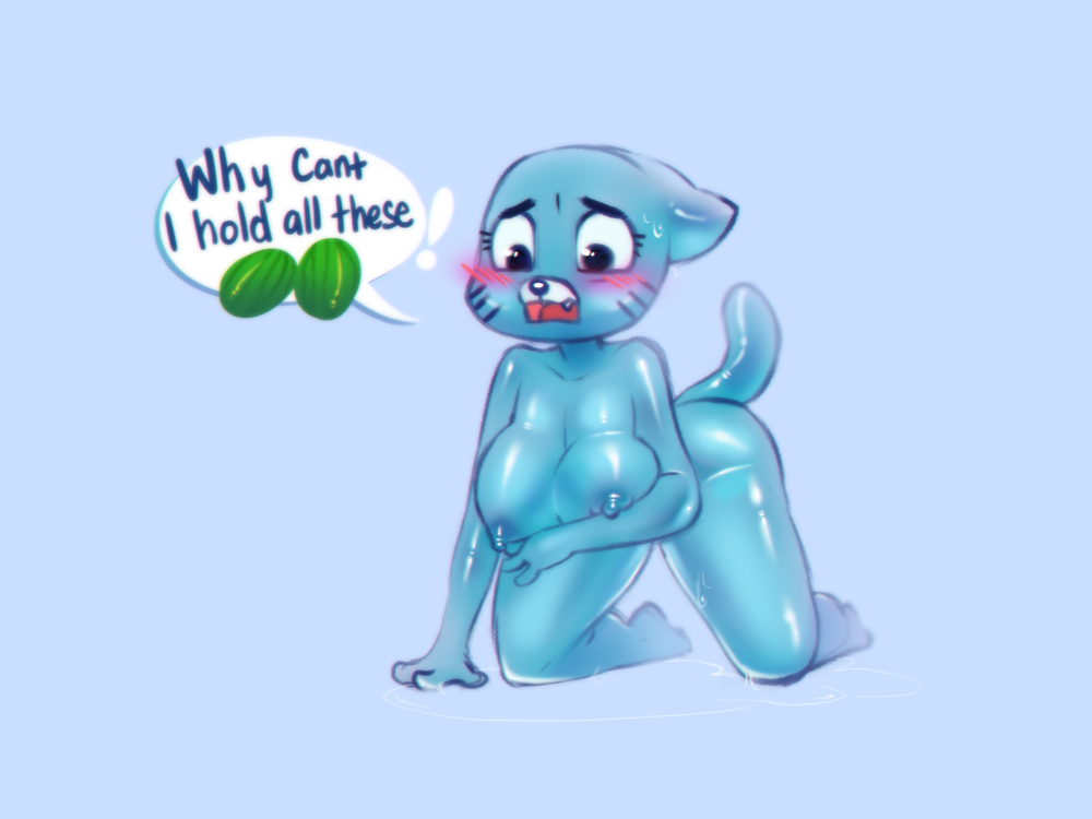 anthro blue_fur blush breasts cat feline female fur hands_and_knees mammal mature_female mother nicole_watterson nipples nude parent solo the_amazing_world_of_gumball waitress_(artist)