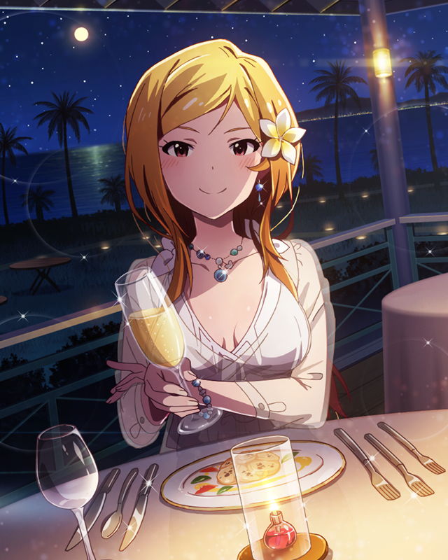 alcohol artist_request bracelet brown_eyes brown_hair champagne flower full_moon hair_flower hair_ornament idolmaster idolmaster_million_live! jewelry long_hair looking_at_viewer momose_rio moon necklace official_art palm_tree plumeria pov_across_table sky solo star_(sky) starry_sky tree