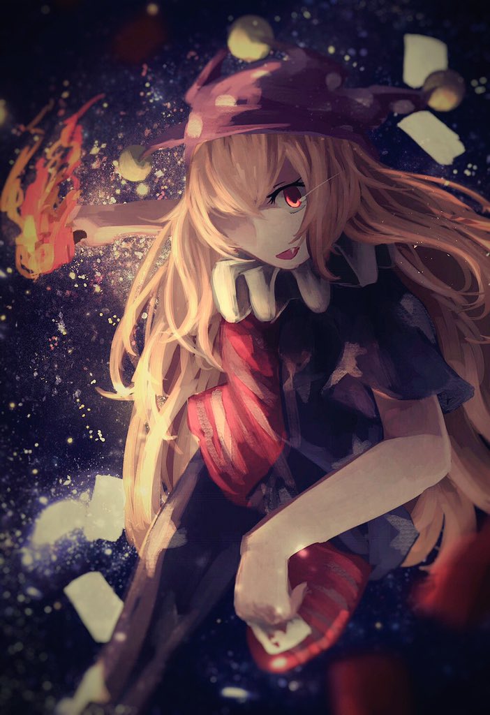 american_flag_dress american_flag_legwear attack bangs blonde_hair chromatic_aberration clownpiece fang hair_over_one_eye hat jester_cap leg_up light light_particles light_trail long_hair one-eyed open_mouth pantyhose red_eyes shaded_face short_sleeves solo space torch touhou very_long_hair yurinotubomi