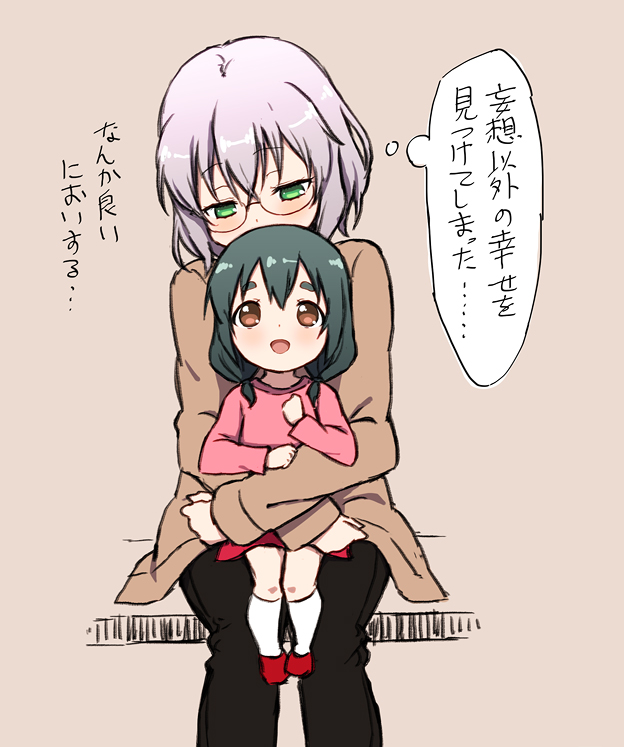 :d age_difference blue_hair brown_eyes casual child eyebrows furutani_kaede green_eyes grey_hair hug hug_from_behind ikeda_chizuru jacket low_twintails multiple_girls on_lap open_mouth saiko_dagashi shoes sitting sitting_on_lap sitting_on_person smile socks thick_eyebrows thought_bubble translated twintails white_legwear yuru_yuri