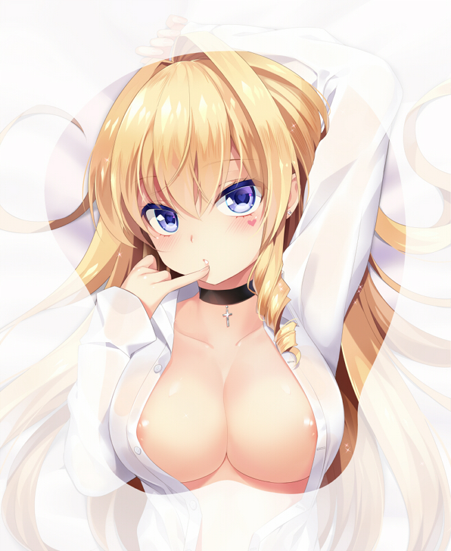 areola_slip areolae arm_up bangs bed_sheet blonde_hair blue_eyes blush breast_mousepad breasts buttons chestnut_mouth choker cleavage collarbone cross curly_hair delores_(mvv) dress_shirt eyebrows eyebrows_visible_through_hair finger_to_mouth hair_intakes heart heart-shaped_pupils jewelry large_breasts long_hair long_sleeves looking_at_viewer lying mousepad mvv no_bra on_back on_bed original pendant pinky_out shirt solo symbol-shaped_pupils unbuttoned upper_body very_long_hair white_shirt