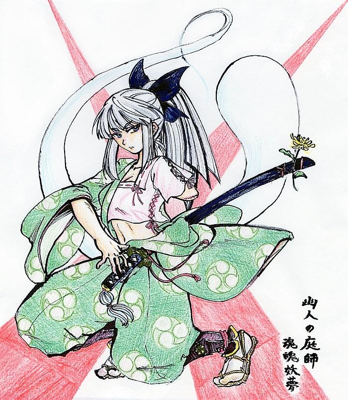alternate_hairstyle amputee bad_id bad_pixiv_id blue_eyes bow breasts cleavage colored_pencil_(medium) flower ghost grey_hair hair_bow hair_ribbon hakama japanese_clothes kneeling konpaku_youmu konpaku_youmu_(ghost) long_hair medium_breasts midriff mitsudomoe_(shape) mokkouyou_bondo navel older ponytail ready_to_draw ribbon sandals solo sword tomoe_(symbol) touhou traditional_media translation_request weapon wide_sleeves