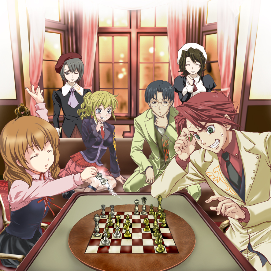 3girls board_game brother_and_sister brothers chess clenched_teeth closed_eyes everyone giggling glasses hat kanon_(umineko) multiple_boys multiple_girls nervous one_eye_closed red-ring shannon short_hair siblings sisters smile tears teeth umineko_no_naku_koro_ni ushiromiya_battler ushiromiya_george ushiromiya_jessica ushiromiya_maria