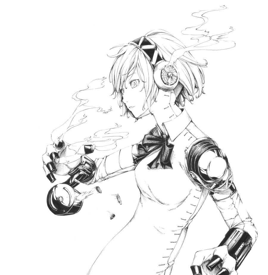 aegis_(persona) android bow finger_cannon greyscale monochrome persona persona_3 science_fiction shell_casing short_hair smoke solo sousou_(sousouworks) upper_body