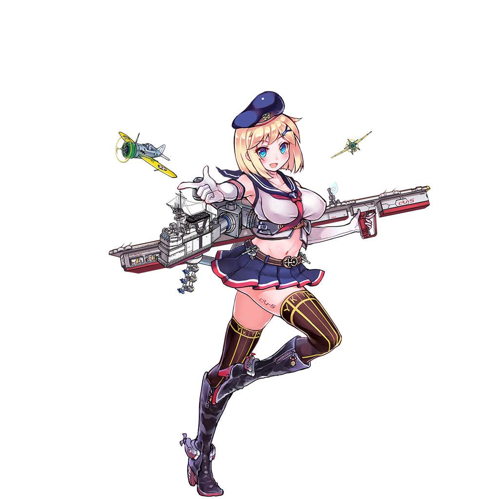 aa_gun aircraft aircraft_carrier airplane anchor antiaircraft_weapon belt blonde_hair blue_eyes boots breasts brown_belt crop_top elbow_gloves f2a_buffalo full_body g.h_(gogetsu) gloves hair_ornament hairclip hat knee_boots large_breasts leg_up mecha_musume midriff military military_vehicle miniskirt navel official_art pointing pointing_at_viewer rigging sailor sailor_collar sailor_hat sailor_shirt ship shirt skirt sleeveless solo tattoo taut_clothes taut_shirt thighhighs transparent_background warship watercraft yorktown_(zhan_jian_shao_nyu) zettai_ryouiki zhan_jian_shao_nyu