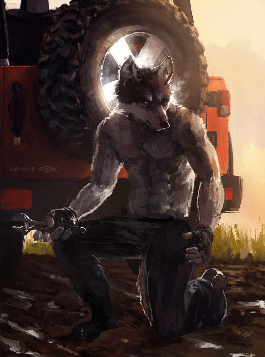 anthro athletic boots brown_eyes canine clothed clothing fingerless_gloves footwear gloves half-dressed jeep jewelry kneeling looking_at_viewer male mammal muscular necklace outside pants racoonwolf road solo tools top_down topless vehicle wolf wrench