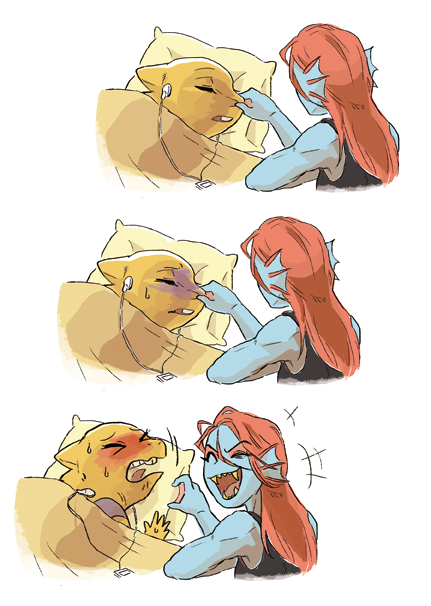 alphys blue_skin head_fins lizard_taro monster_girl multiple_girls nose_pinch red_hair undertale undyne waking_up yellow_skin