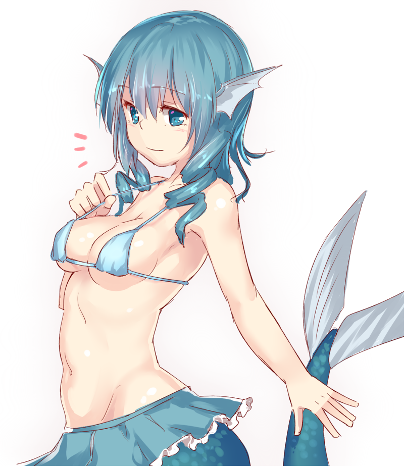 bad_id bad_twitter_id bikini_top blue_eyes blue_hair blush breasts gradient gradient_background head_fins looking_at_viewer medium_breasts mermaid midriff monster_girl navel short_hair smile solo touhou upper_body wakasagihime yonaga_(masa07240)