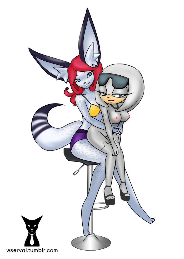 big_ears blue_eyes cybernetics cyborg duo echidna feline female hair hug invalid_color looking_at_viewer machine mammal monotreme nude red_hair serval sitting spotty whiteserval whiteserval_(character) zeta_r02 zeta_the_echidna