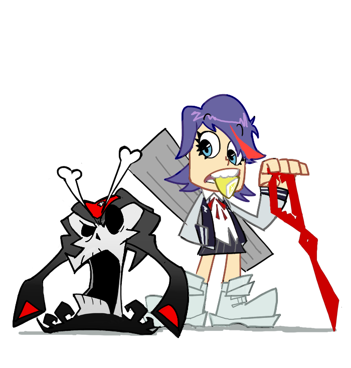 black_hair blue_eyes food fruit grim gyosone hi_hi_puffy_amiyumi kill_la_kill lemon living_clothes matoi_ryuuko multicolored_hair parody red_hair school_uniform scissor_blade senketsu short_hair skirt style_parody the_grim_adventures_of_billy_&amp;_mandy two-tone_hair weapon yumi_yoshimura