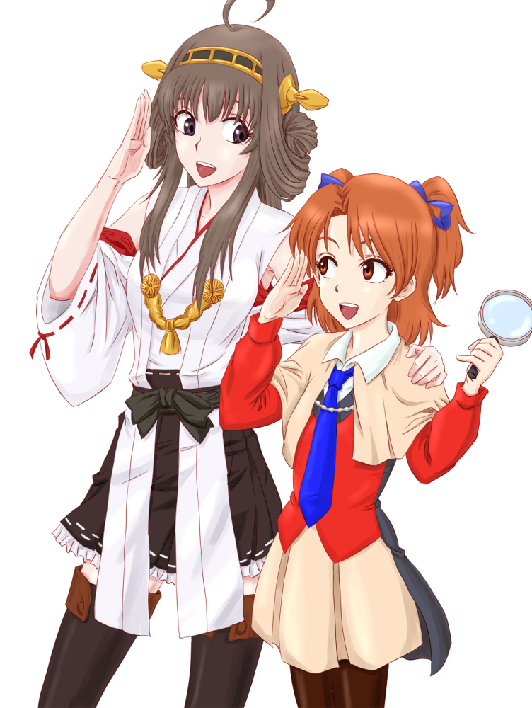 :d ahoge anbj black_legwear bow brown_eyes brown_hair brown_legwear capelet crossover detached_sleeves double_bun hair_bow hair_ribbon hairband height_difference holding kantai_collection kongou_(kantai_collection) long_hair magnifying_glass multiple_girls nontraditional_miko open_mouth pantyhose pleated_skirt ribbon salute school_uniform sister_princess skirt smile thighhighs two_side_up yotsuba_(sister_princess)