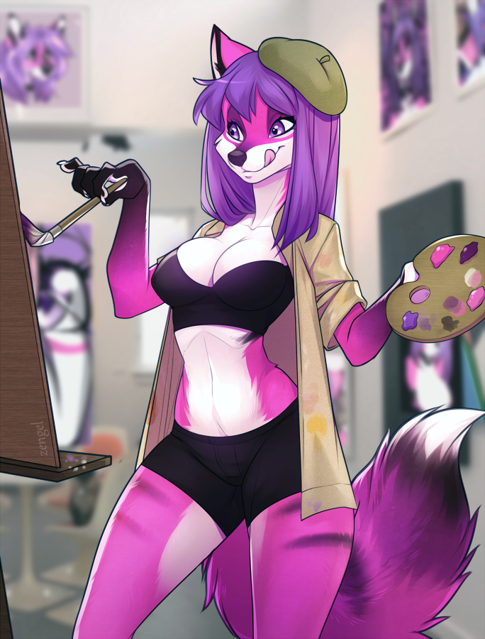 2015 anthro beret big_breasts bra breasts canine canvas cleavage clothed clothing female fox fur hair hat inside iskra magenta_fur mammal midriff navel open_shirt paint paintbrush painting purple_eyes purple_hair selene_(boha) shirt shorts skimpy solo stripes tongue tongue_out underwear white_fur