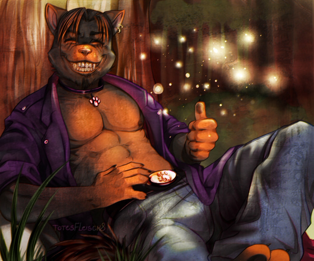 abs anthro bear bulge clothed clothing collar ear_piercing eyes_closed fangs male mammal nipples open_shirt outside piercing shirt sitting smile solo teeth totesfleisch8