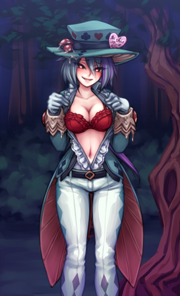 argyle belt bra breasts cleavage club_(shape) diamond_(shape) flashing forest formal gloves grey_hair hat heart heart-shaped_pupils large_breasts long_hair looking_at_viewer mad_hatter_(monster_girl_encyclopedia) monorus monster_girl_encyclopedia multicolored_hair mushroom nature navel night open_clothes open_shirt pants purple_hair red_bra red_eyes shirt smile solo spade_(shape) suit symbol-shaped_pupils tree two-tone_hair underwear white_gloves