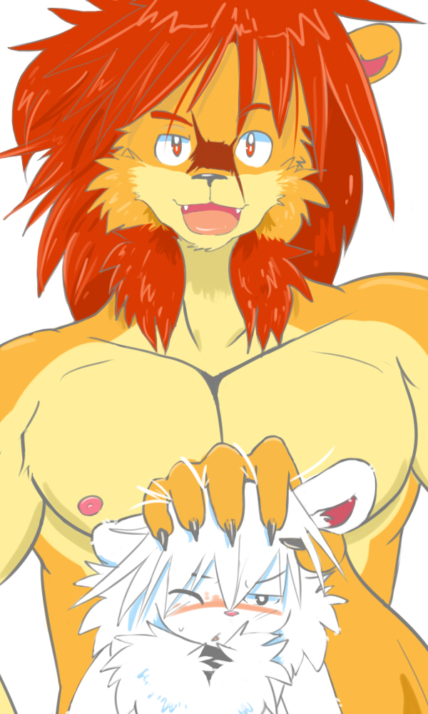 age_difference annoyed anthro big_muscles blush clothed clothing cute_fangs duo embarrassed father father_and_son feline front_view half-dressed hand_on_head leo_(whiteleo) lion looking_at_viewer male mammal mane muscular nipples one_eye_closed open_mouth parent pecs petting pyro_(whiteleo) size_difference son sweat sweatdrop topless whiteleo