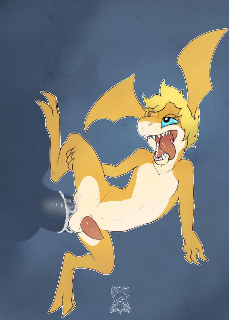alternate_species anthro barefoot cum cum_from_ass cum_in_ass cum_inside front_view headwings holding_leg kobold korichi looking_pleasured male male/male neopatamonx nude one_leg_up open_mouth scalie sharp_teeth signature solo_focus teeth tongue tongue_out