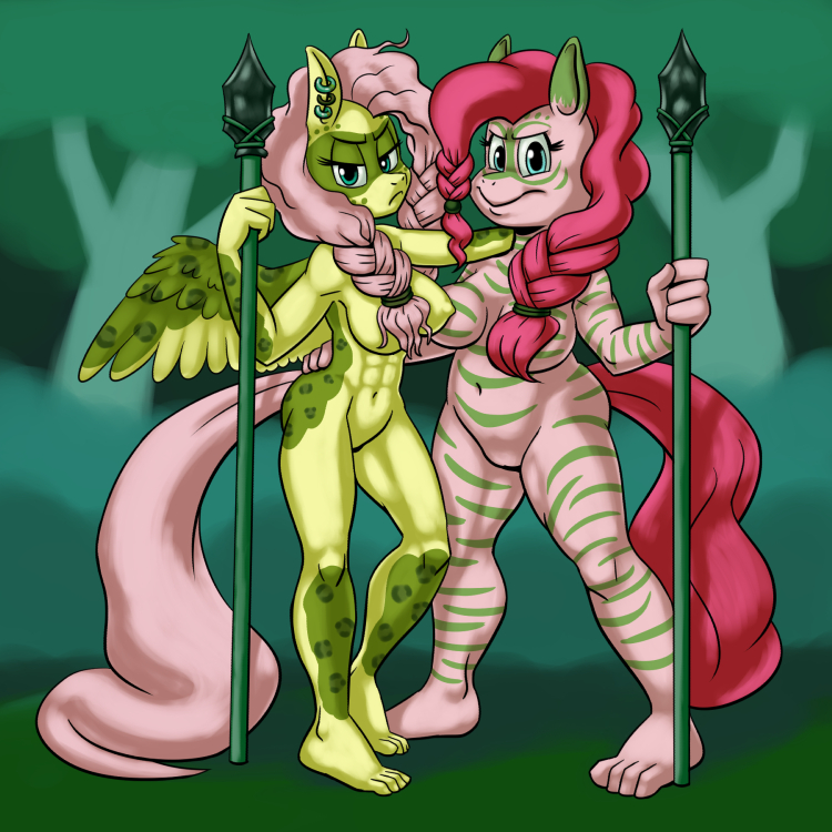 2015 anthro areola big_breasts bodypaint breasts carelessdoodler duo earth_pony equine erect_nipples female fluttershy_(mlp) friendship_is_magic horse mammal my_little_pony nipples nude pegasus pinkie_pie_(mlp) pony wings