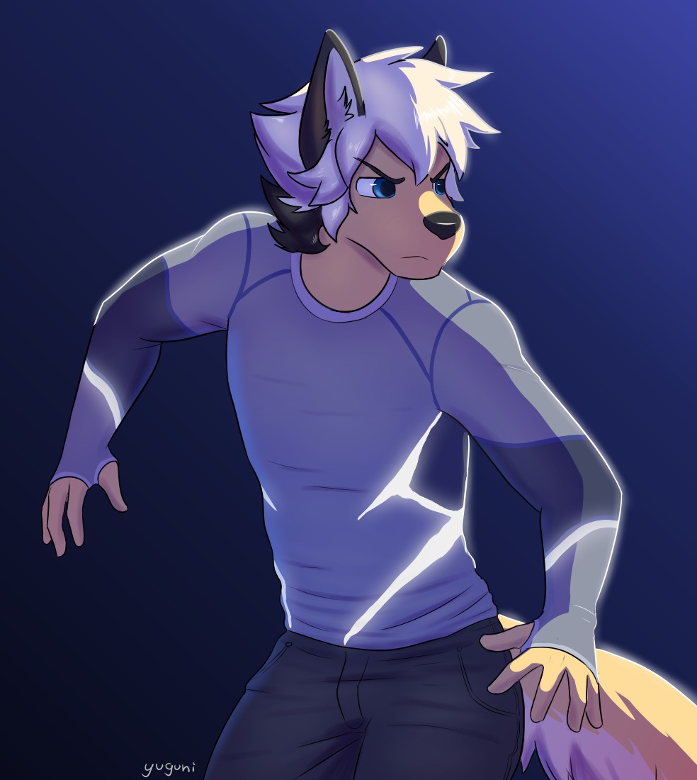 anthro canine clothed clothing dog fully_clothed fur hair male mammal quicksilver solo yuguni yuguni_(character)