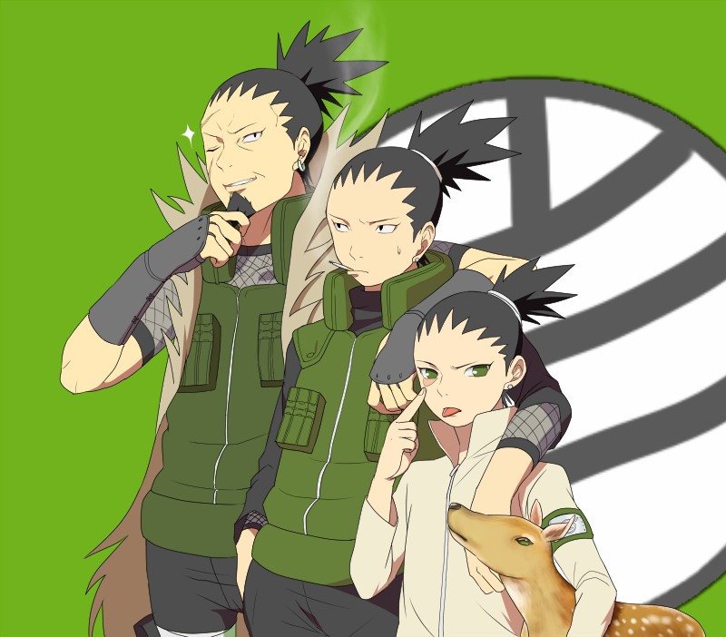 animal black_eyes black_hair cigarette deer earrings father_and_son grandfather_and_grandson green_eyes jewelry ki_(mxxxx) long_hair male_focus multiple_boys nara_shikadai nara_shikaku nara_shikamaru naruto naruto_(series) scar smoke smoking time_paradox