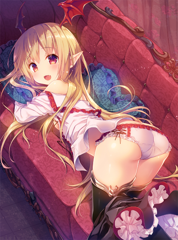 :d ass banned_artist blonde_hair blush breasts couch fang granblue_fantasy head_wings heart heart_pillow konomi_(kino_konomi) long_hair looking_at_viewer lying open_mouth panties pillow pointy_ears red_eyes shingeki_no_bahamut small_breasts smile solo underwear vampire vampy white_panties