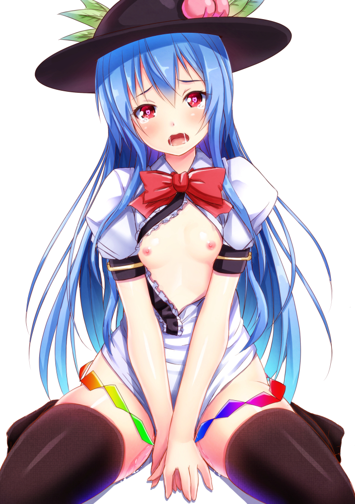 black_legwear blue_eyes breasts collarbone covering covering_crotch ebi_193 food fruit hat heart heart-shaped_pupils hinanawi_tenshi long_hair naked_shirt nipples no_bra open_clothes open_mouth open_shirt peach pussy_juice red_eyes saliva shirt shirt_tug sitting small_breasts solo symbol-shaped_pupils tears thighhighs touhou v_arms wariza