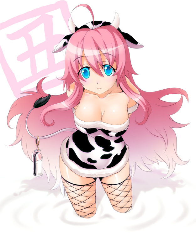 ahoge animal_costume animal_ears animal_print arms_behind_back blue_eyes blush bottle breasts cleavage cow_costume cow_ears cow_girl cow_horns cow_print cow_tail fishnet_legwear fishnets horns ism_(inc) large_breasts long_hair milk original pink_hair ripples smile solo tail thighhighs very_long_hair wading