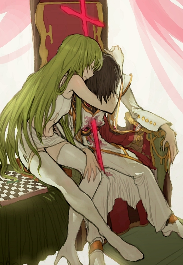 1girl bad_end bad_id bad_pixiv_id black_hair bleeding blood board_game boots c.c. chess closed_eyes code_geass crop_top death green_hair hug injury leaning_forward lelouch_lamperouge long_hair midriff seicoh sitting skirt sleeveless spoilers sword thigh_boots thighhighs throne weapon