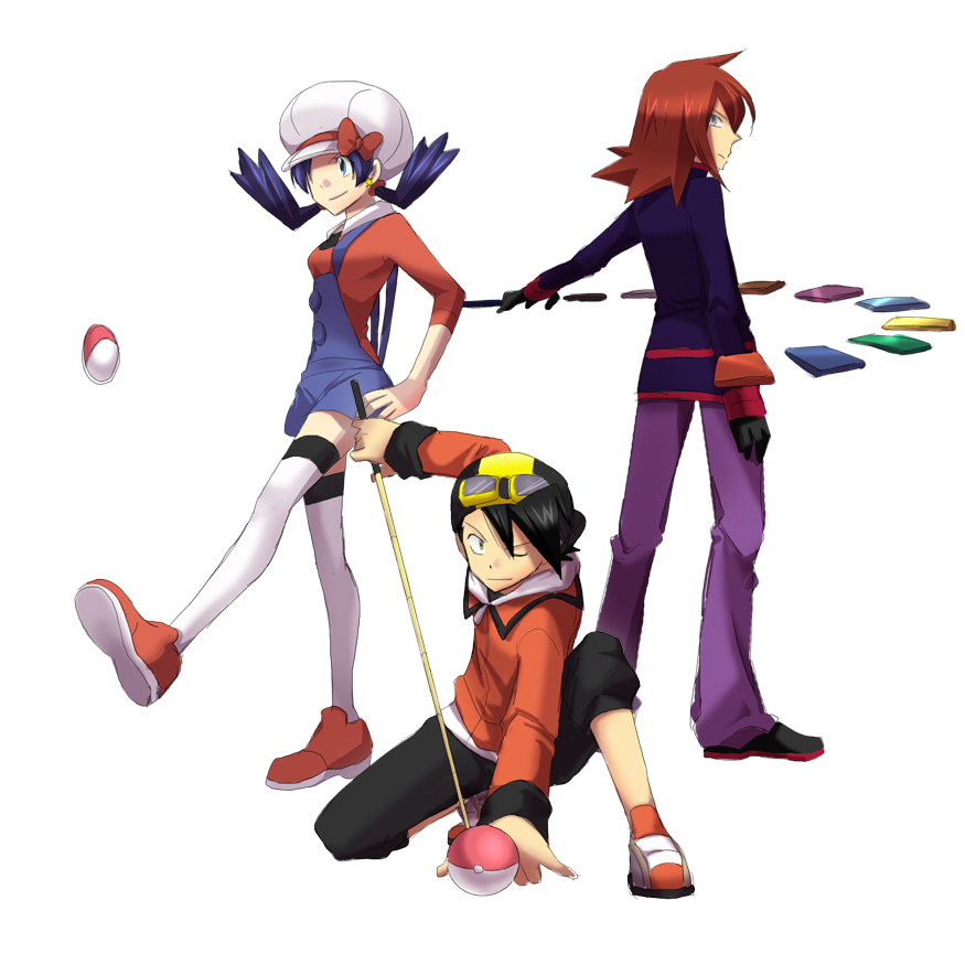 alternate_costume back backwards_hat baseball_cap black_hair blue_eyes blue_hair cabbie_hat cosplay crystal_(pokemon) earrings gloves goggles gold_(pokemon) grey_eyes hat hk_(nt) hood hoodie jacket jewelry kicking kneeling kotone_(pokemon) kotone_(pokemon)_(cosplay) looking_back multiple_boys overalls pants poke_ball pokemon pokemon_(game) pokemon_gsc pokemon_special red_hair shirt shoes silver_(pokemon) standing thighhighs twintails white_legwear yellow_eyes