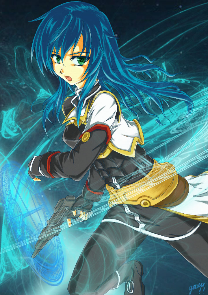 blue_hair fingerless_gloves gauu!? gloves green_eyes gun long_hair maria_traydor pantyhose solo star_ocean star_ocean_till_the_end_of_time weapon