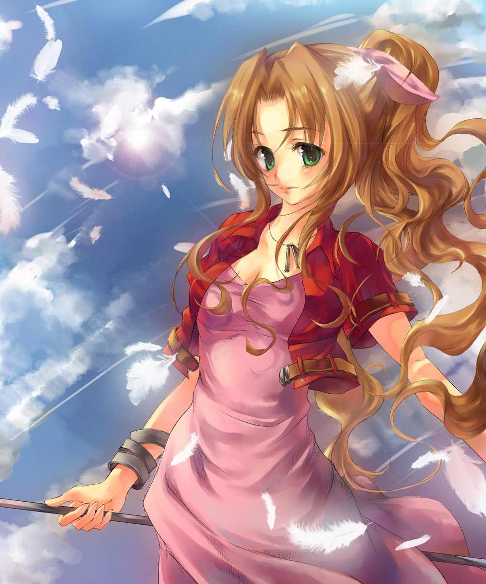 aerith_gainsborough bow bracelet brown_hair choker cloud cropped_jacket day dress feathers final_fantasy final_fantasy_vii green_eyes hair_bow hair_ribbon highres jewelry lens_flare lilithbloody long_dress long_hair pink_bow pink_dress ponytail ribbon solo staff very_long_hair