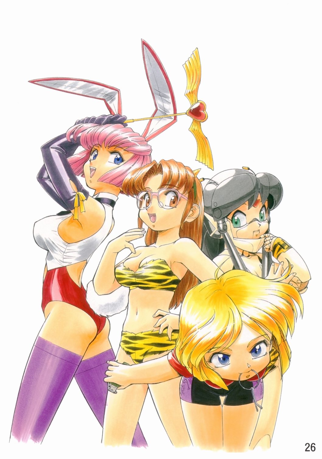 80s 90s android animal_ears animal_print arms_up ass bike_shorts bikini blonde_hair blue_eyes bob_cut breasts brown_eyes brown_hair bunny_ears cleavage cosplay crossover elbow_gloves explosive flat_chest glasses gloves green_eyes grenade gunsmith_cats hand_on_hip hand_up heart highres holding horns large_breasts leaning leotard looking_at_viewer looking_back lum lumroid lumroid_(series) midriff minnie_may_hopkins misty_may mouth_hold multiple_girls navel oldschool open_mouth otaku otaku_no_video purple_legwear red_leotard robot satou_yuri_(otaku_no_video) short_hair shorts simple_background smile sonoda_ken'ichi standing swimsuit teeth thighhighs tiger_print tongue urusei_yatsura wand wings