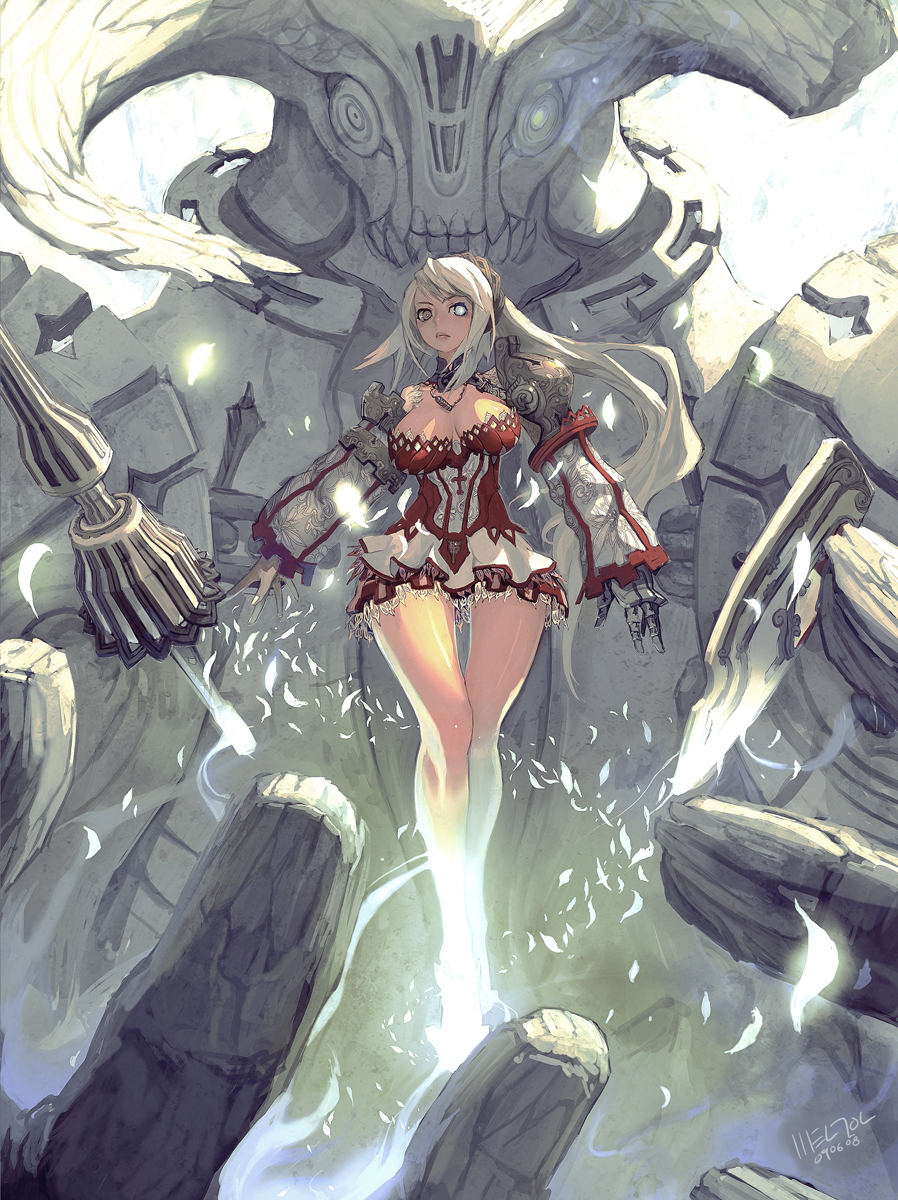 breasts cleavage giant gigandal_federation heterochromia highres lance large_breasts legs lips long_hair pixiv_fantasia pixiv_fantasia_3 polearm shield solo statue teeth thigh_gap weapon weltol white_hair wide_hips