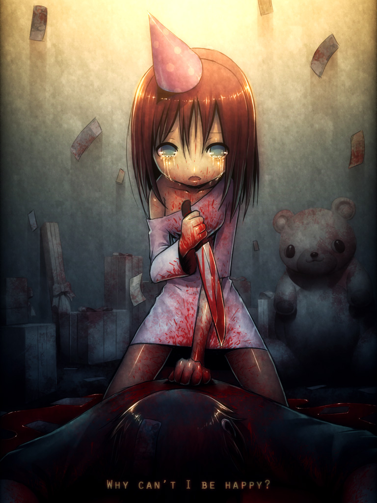 birthday blood blue_eyes brown_hair commentary copyright_request english gift hat knife mike_inel obvious off_shoulder open_mouth party_hat reverse_grip solo_focus stuffed_animal stuffed_toy tears