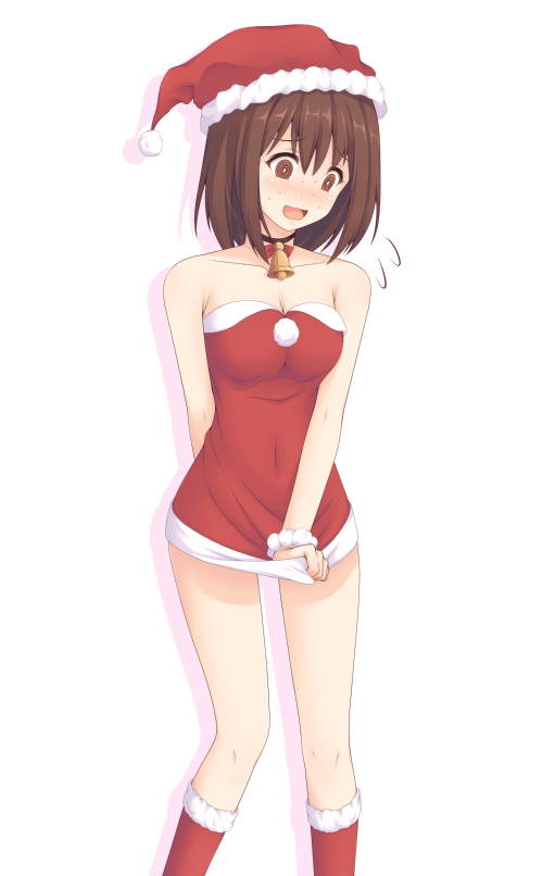 bare_shoulders bell bell_collar boots bow breasts brown_eyes brown_hair cleavage collar collarbone covered_navel dress dress_tug embarrassed hat kusano_yui medium_breasts open_mouth princess_connect! red_bow red_dress red_hat santa_boots santa_costume santa_hat short_hair simple_background solo strapless strapless_dress white_background yyi
