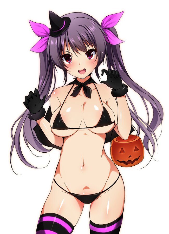 bare_shoulders bikini black_bikini black_gloves blush breasts capelet character_request commentary_request copyright_request gloves hair_ornament hair_ribbon hat large_breasts long_hair looking_at_viewer midriff mini_hat navel nironiro purple_hair red_eyes ribbon shiny shiny_skin skindentation smile solo strap_gap striped striped_legwear swimsuit thighhighs trick_or_treat twintails