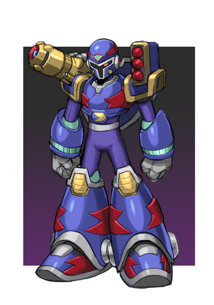android armor clenched_hands helmet male_focus missiles no_humans red_eyes rocket_launcher rockman rockman_x shoulder_cannon solo standing tonami_kanji vava weapon