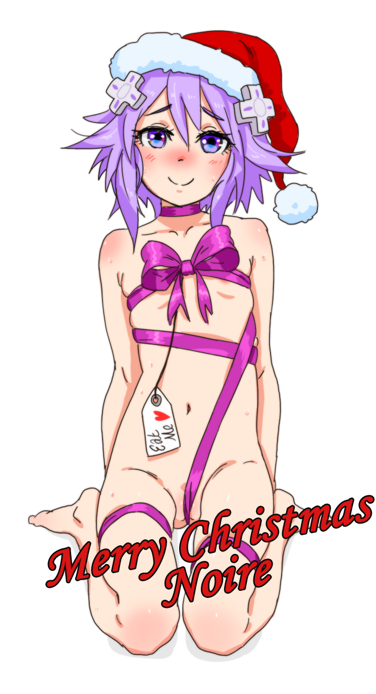 blush christmas d-pad d-pad_hair_ornament gift gift_tag hair_ornament hat highres kiriririn looking_at_viewer naked_ribbon neptune_(choujigen_game_neptune) neptune_(series) nude purple_eyes purple_hair ribbon santa_hat short_hair sitting smile solo wariza wrapped_up