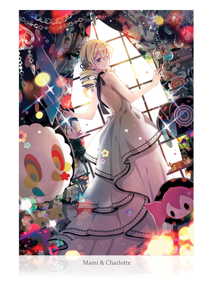 blonde_hair brown_eyes charlotte_(madoka_magica) dress drill_hair hair_ornament lolita_fashion long_hair mahou_shoujo_madoka_magica pyotr_(madoka_magica) rednian standing tomoe_mami twin_drills window