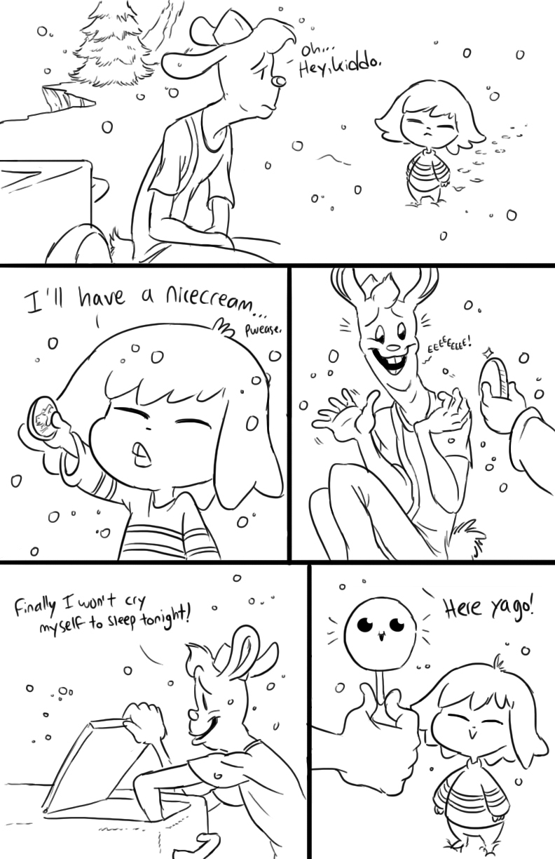 coin comic dessert duo food happy havesomemoore hi_res ice_cream male mammal monochrome monster nicecream_man protagonist_(undertale) sad snow text undertale video_games young