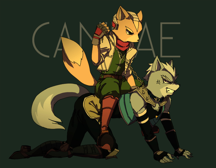 2boys ??? all_fours anthro black_nose boots canine chain clothing domination duo english_text footwear fox fox_mccloud furry male male/male mammal multiple_boys nintendo star_fox text video_games wolf wolf_o'donnell wolf_o'donnell
