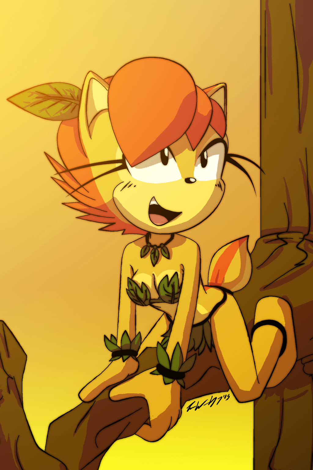 anthro archie_comics breasts chipmunk chipmunk_stripe clothed clothing female feral fur grass_skirt hair hi_res jewelry leaf mammal mobian_(species) necklace orange_fur orange_hair rodent sally_acorn skimpy smile solo sonic_(series) sunset tree tree_branch