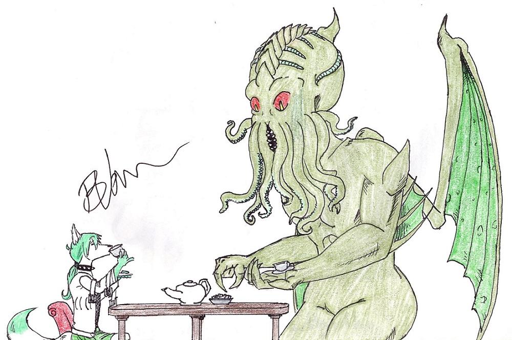 arctic_fox beverage canine clothing collar cosmic_horror crossdressing cthulhu cthulhu_mythos fishnet fishnet_shirt food fox fur girmakesarts green_fur green_hair green_skin h.p._lovecraft hair humor kil&oslash; long_hair mammal red_eyes skirt straitjacket tea tea_party white_fur