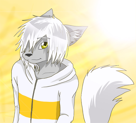 anthro canine clothed clothing fluffy_tail fur grey_fur hair high-angle_shot looking_at_viewer male mammal simple_background smile solo standing white_hair white_sclera wing-of-chaos wolf yellow_background yellow_eyes