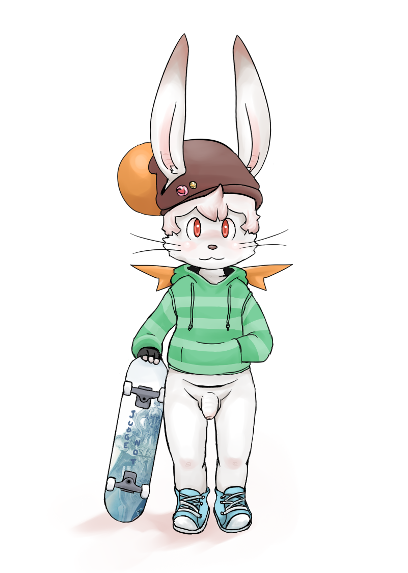 anthro balls bottomless bulge clothed clothing cub final_fantasy flaccid front_view half-dressed hand_in_pocket headgear hoodie lambent looking_at_viewer male mammal moogle penis penis_outline running_shoes skateboard skater solo standing uncut video_games whiskers young